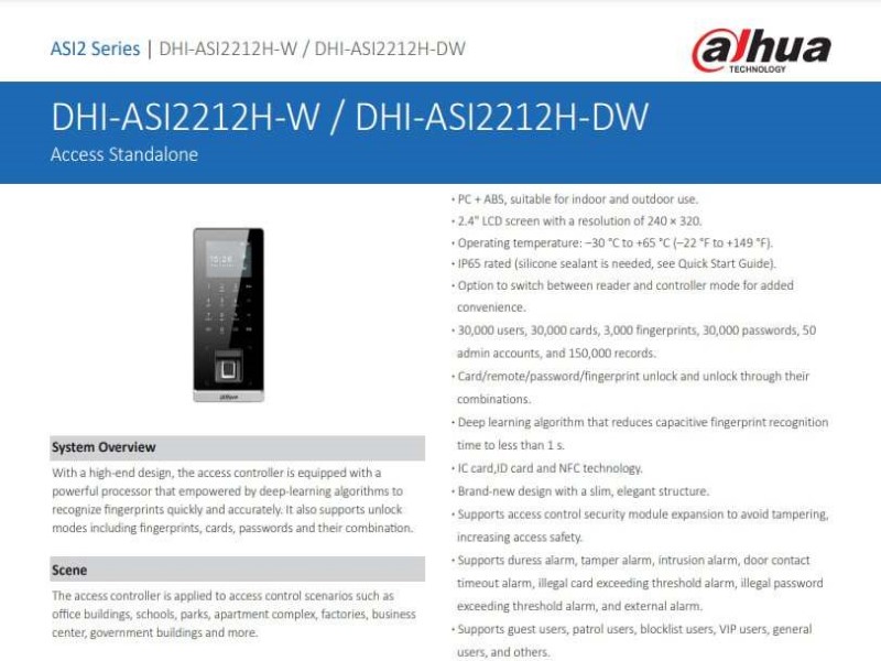 DAHUA DHI-ASI2212H-W ACCESS STANDALONE ( CARD / REMOTE / PASSWORD / FINGERPRINT 